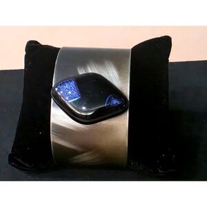 Artisan Dichroic Silver Tone Wide Cuff Bracelet Black Purple Stone Iridescent